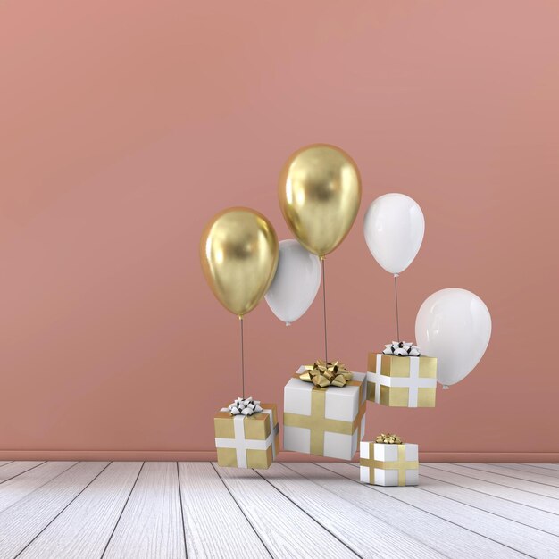 Composition de fête avec ballons et coffrets cadeaux Rendu 3D