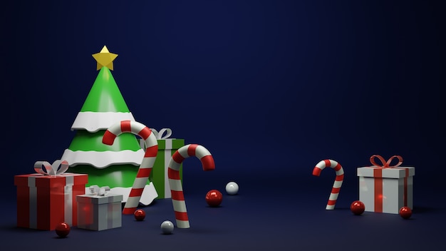 Composition de fête de Noël avec sapin, cadeaux et bonbons