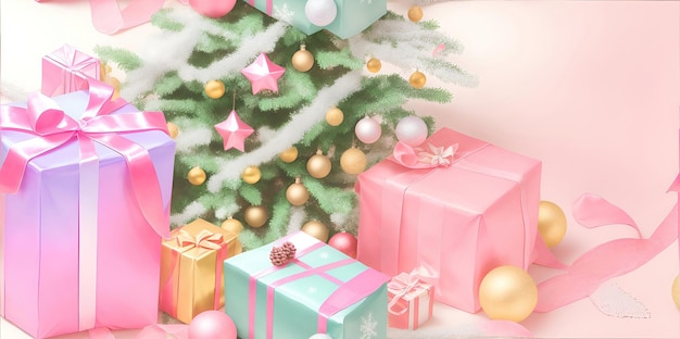 Composition des fêtes de Noël Arbre de Noël décoré et cadeaux en rose et vert