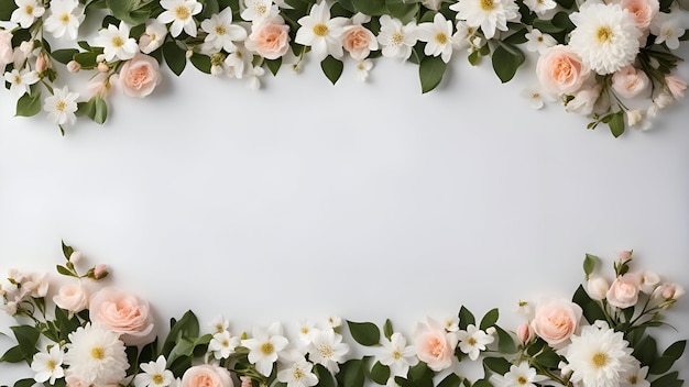 Composition de fleurs Cadre fait de belles fleurs sur fond blanc vue supérieure