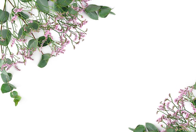 Composition de fleurs. Cadre fait de fleurs de gypsophile rose et de branches d'eucalyptus sur fond blanc. Mise à plat, vue de dessus, espace de copie.