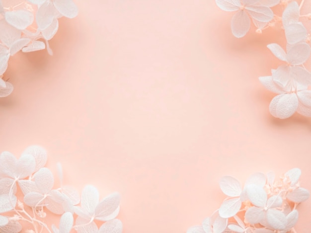 Composition de fleurs. Cadre fait d'hortensia de fleurs blanches sur fond rose. Jour du mariage, fête des mères et concept de la fête des femmes. Mise à plat, vue de dessus.