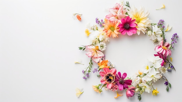 Composition de fleurs Couronne composée de diverses fleurs colorées sur fond blanc Pâques printemps été concept plat vue de dessus espace de copie