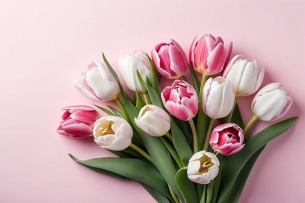 Composition de fleurs fraîches bouquet de tulipes bicolores rose pâle et blanc fond dégradé concept de salut de la journée internationale de la femme de la journée des mères