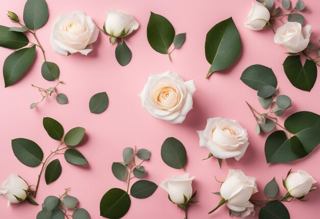 Composition des fleurs Frontière faite de fleurs de roses blanches et de branches d'eucalyptus