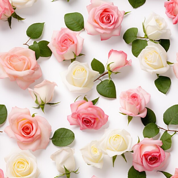 Composition de fleurs Motif sans couture fait de roses roses et blanches sur fond blanc Vue supérieure