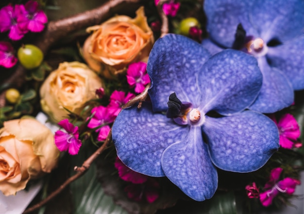 Composition de fleurs avec des orchidées violettes et des roses roses tendres