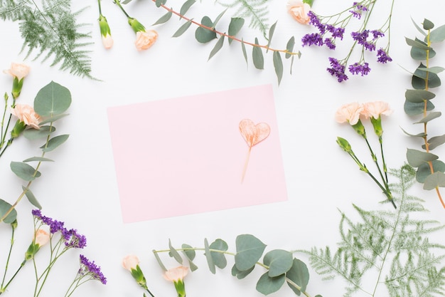 Composition de fleurs. Papier vierge, fleurs d'oeillet, branches d'eucalyptus sur pastel