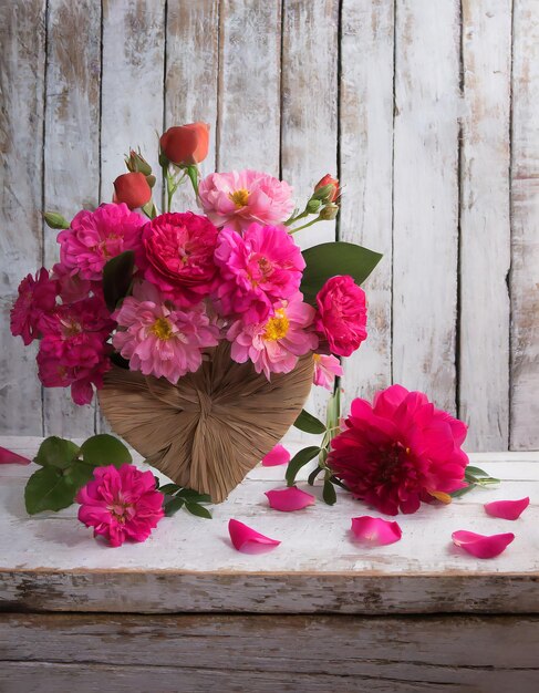 Photo composition de fleurs pour la saint-valentin, la fête de la mère ou la fête des femmes fleurs roses sur vieux bois blanc