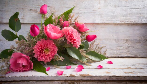 Photo composition de fleurs pour la saint-valentin, la fête de la mère ou la fête des femmes fleurs roses sur vieux bois blanc