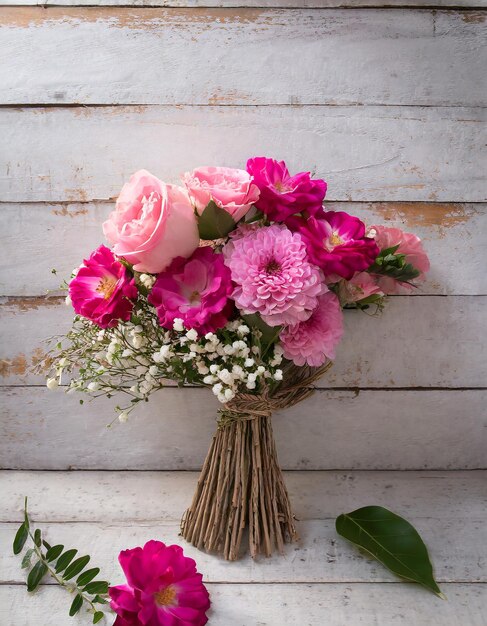 Photo composition de fleurs pour la saint-valentin, la fête des mères ou la fête des femmes fleurs roses sur vieux bois blanc