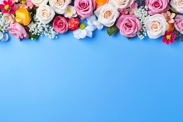 composition de fleurs Roses sur fond bleu Jour de la mère Jour de la femme et Jour de la Saint-Valentin