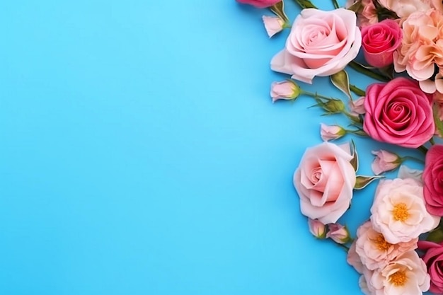 composition de fleurs Roses sur fond bleu Jour de la mère Jour de la femme et Jour de la Saint-Valentin