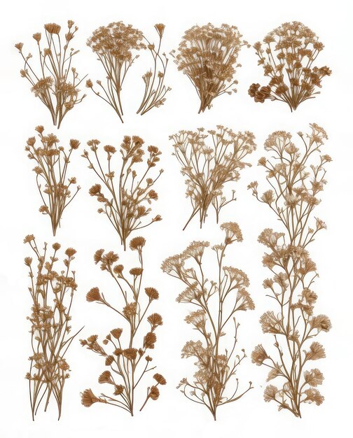 Composition de fleurs sauvages séchées isolées sur un fond blanc Éléments d'herbier mignons herbalisme