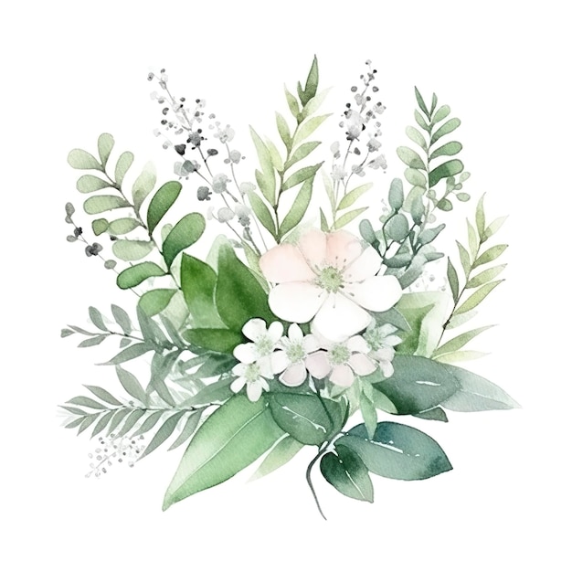 Composition florale aquarelle fleurs blanches peintes à la main feuilles de forêt de fougère eucalyptus gypsophila bouquet vert isolé sur fond blanc generat ai