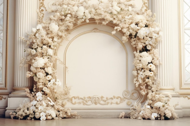 Composition florale sur l'arc blanc dans la salle de cérémonie de mariage