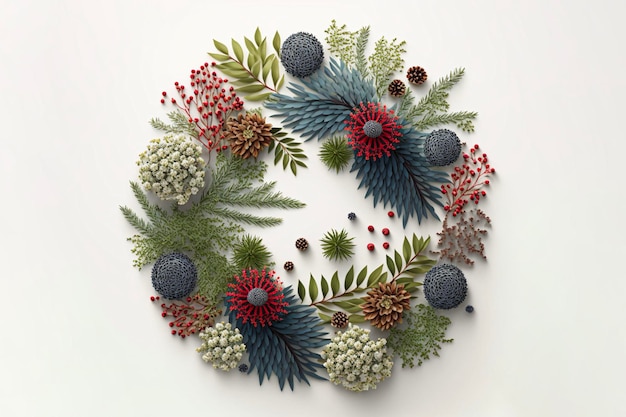 Composition florale du cercle de Noël Guirlande de cyprès branches d'eucalyptus pommes de pin baies de rowan étoiles de confettis d'anis et fleurs de houx de mer