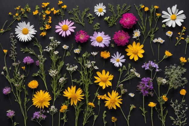 Composition florale Des fleurs sauvages colorées sur un fond noir Vue supérieure Arrière-plan abstrait floral