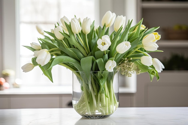 Composition florale fraîche mettant en vedette de délicates tulipes printanières et une douce verdure