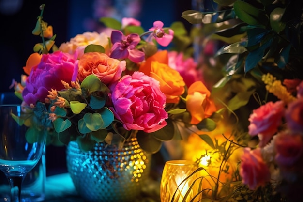 Composition florale lors d'un banquet de mariage dans un restaurant