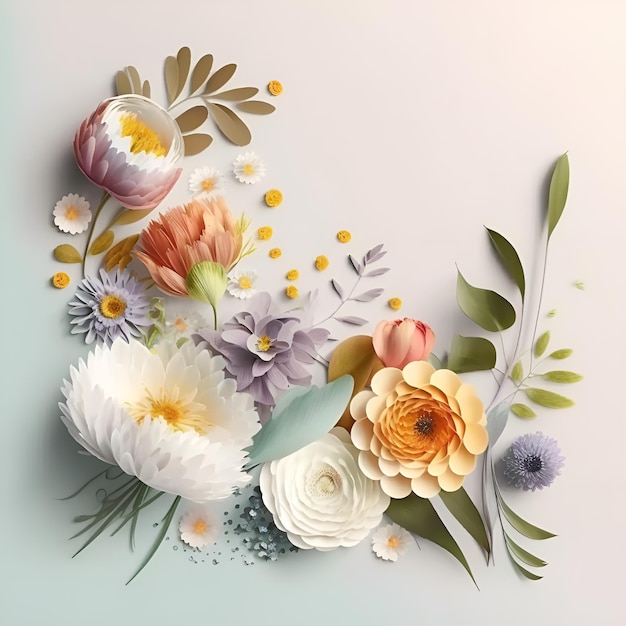 Composition florale printanière faite de fleurs colorées fraîches sur fond pastel clair