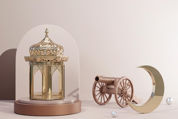 composition de fond de ramadan islamique avec canon traditionnel de lanterne arabe 3d et plate-forme ronde