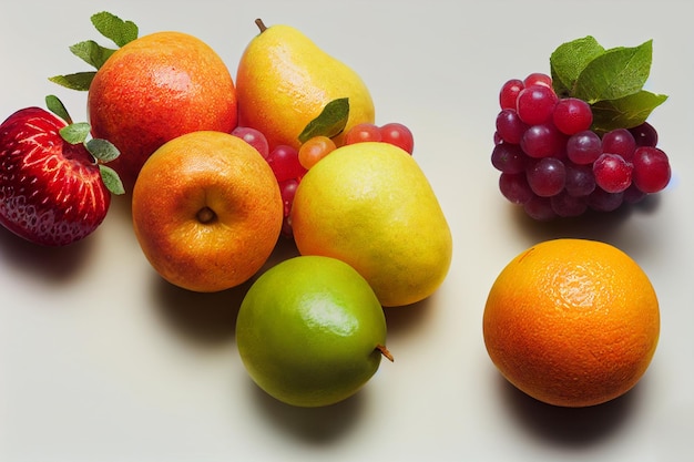 Composition de fruits assortis sur fond blanc Raisins fraise poire orange se trouvent sur la surface