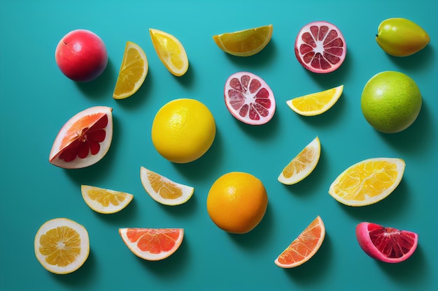 Composition de fruits sur fond bleu Mandarines de pamplemousse oranges tranchées se trouvant sur la surface