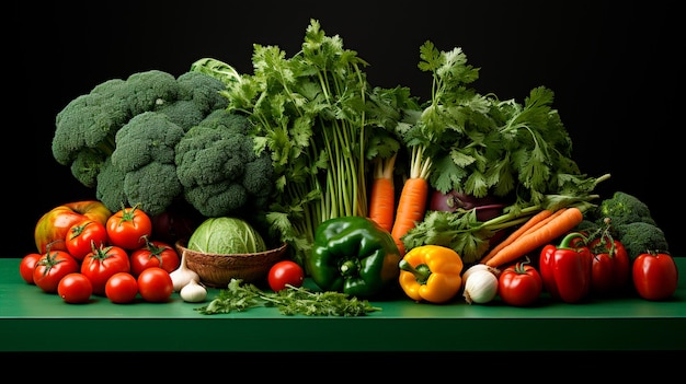 Photo composition de fruits et légumes frais sur fond de couleur