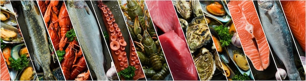 Composition de fruits de mer sur fond noir Collage de photos Poissons frais crustacés Huîtres et moules Vue de dessus
