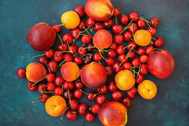 Composition Fruits mûrs biologiques d&#39;été Baies Cerises douces Nectarines Abricots