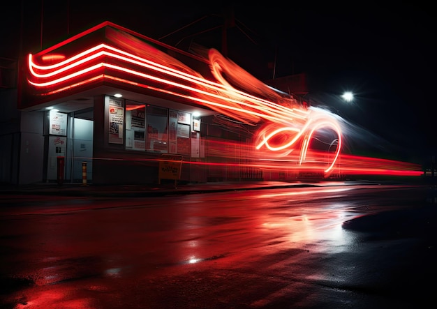 Une composition futuriste comportant une enseigne au néon rouge sur un fond urbain sombre avec des stries de