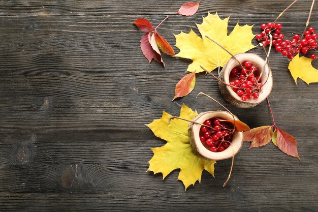 Composition de guelderrose et feuilles d'automne sur fond de bois