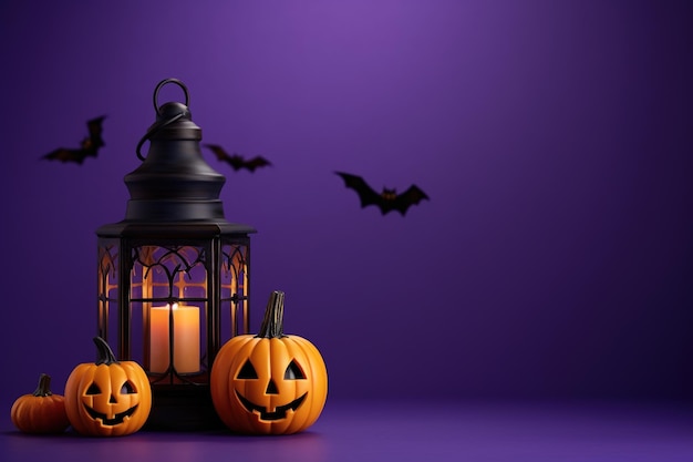 Composition d'Halloween Des citrouilles de lanterne sur fond violet fabriquées avec une IA générative