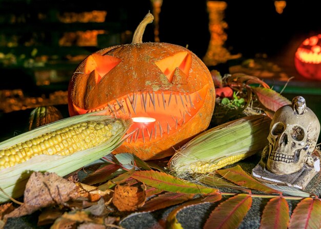 Photo composition d'halloween avec des citrouilles souriantes et des accessoires d'halloween des épis de maïs crâne