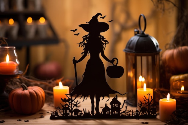 Composition d'Halloween avec une silhouette noire de sorcière placée sur une table en bois décorée de citrouilles et de bougies brillantes