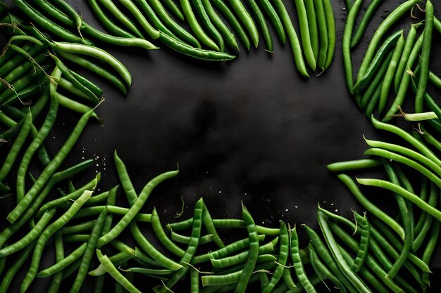 Photo composition de haricots verts à plat avec espace libre pour copier fond de tourmaline noire