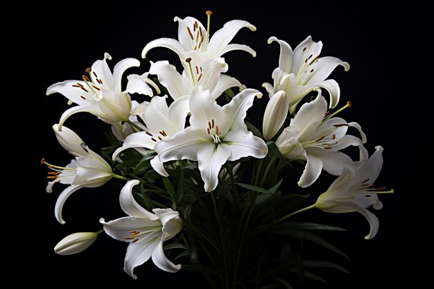 Composition à haut contraste d'un bouquet de lys sur un fond sombre