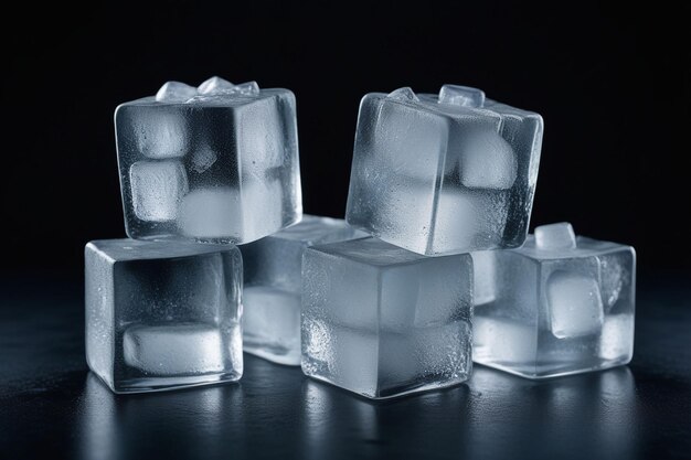 Composition horizontale réaliste de cubes de glace sur un fond sombre