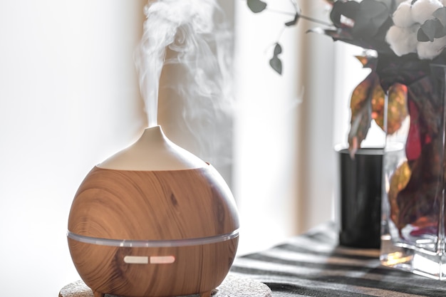 Composition avec humidificateur d'air et fleurs dans un vase. Concept de soins de santé.