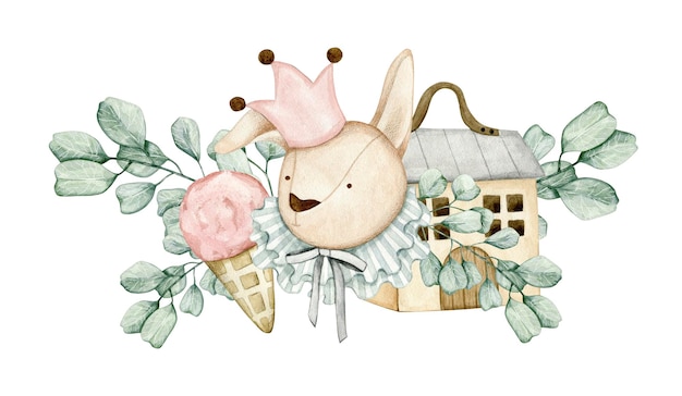 Composition d'illustration aquarelle avec eucalyptus, lapin, crème glacée, jouet, valise.