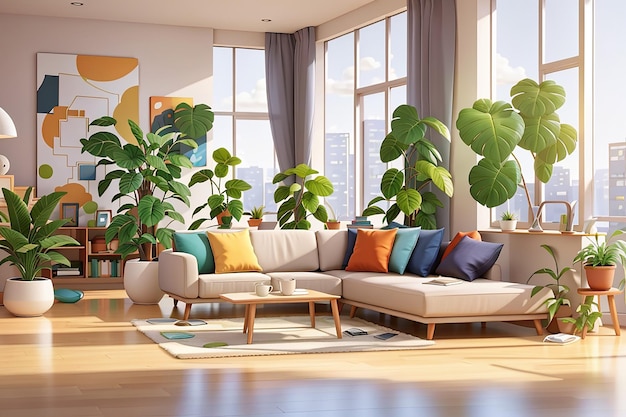 Composition intérieure du salon avec vue intérieure d'un appartement moderne avec peintures murales et illustration vectorielle de plantes en pot