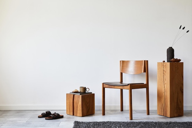 Composition intérieure de salon élégante avec chaise vintage au design créatif, cubes en bois et accessoires personnels élégants. Fond d'écran. Espace de copie. Modèle.