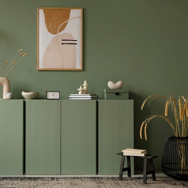 Composition intérieure de salon moderne avec cadre d'affiche maquette commode en bois vert sauge et accessoires de maison modernes Mur d'eucalyptus Home staging Modèle Copie espacexD