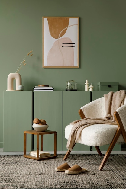 Composition intérieure de salon moderne avec cadre d'affiche maquette frotte fauteuil commode en bois et accessoires de maison modernes Mur d'eucalyptus Modèle Espace de copie Photo réelle