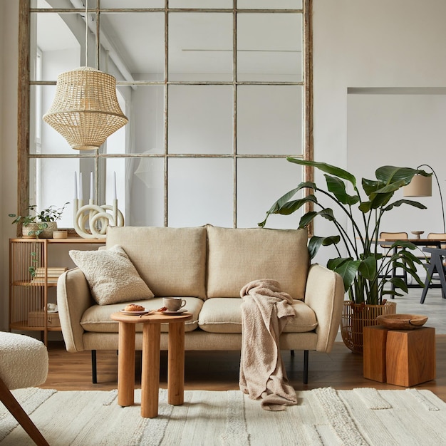 Composition intérieure de salon moderne avec canapé beige, table basse en bois et accessoires de maison modernes Modèle Copier l'espace Salle à manger en arrière-plan