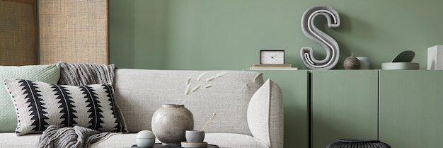 Composition intérieure de salon moderne avec canapé moderne gris commode en bois d'eucalyptus paravent et accessoires de maison modernes Mur vert sauge Modèle de mise en scène à domicile Espace de copie