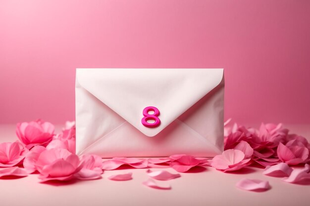 composition de la journée féminine avec une enveloppe rose à fond blanc avec le symbole du 8