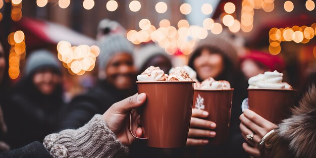 Une composition joyeuse de mains de gens tenant des tasses de cacao chaud avec des marshmallows en gros plan