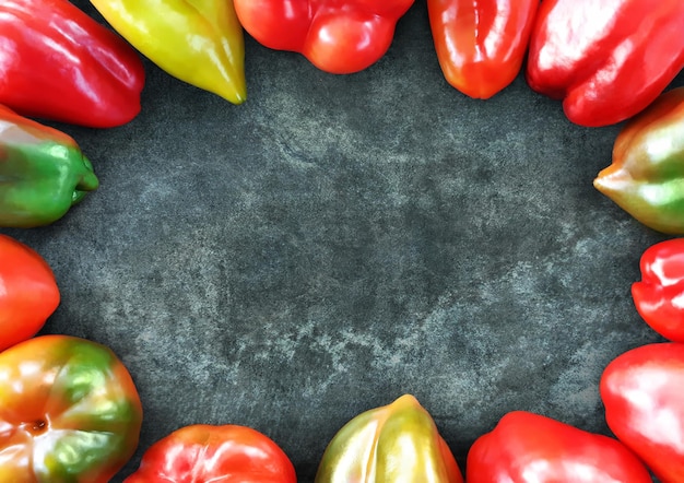 Composition juteuse et lumineuse de poivron disposé en cercle sur une table en pierre sombre. Légumes frais multicolores. Mise à plat, vue de dessus, gros plan, espace de copie.